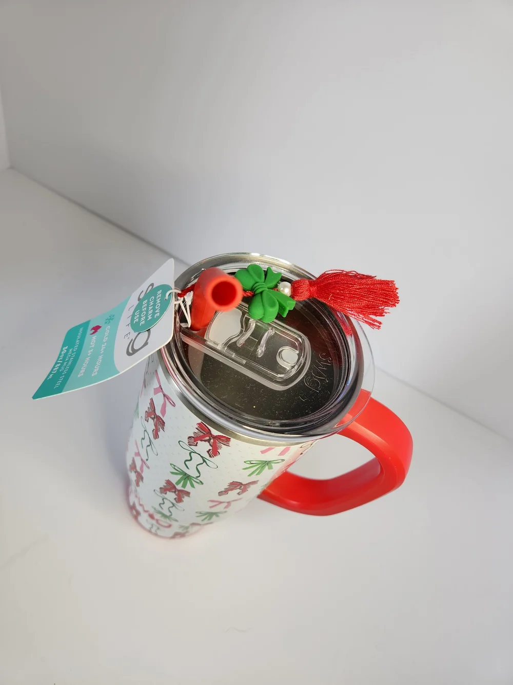Insulated Holiday Bow Travel Mug with Red Handle and Straw